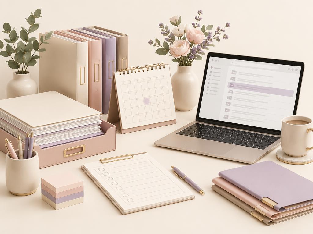 Organized documents, calendar, checklist and laptop with email — administrative support