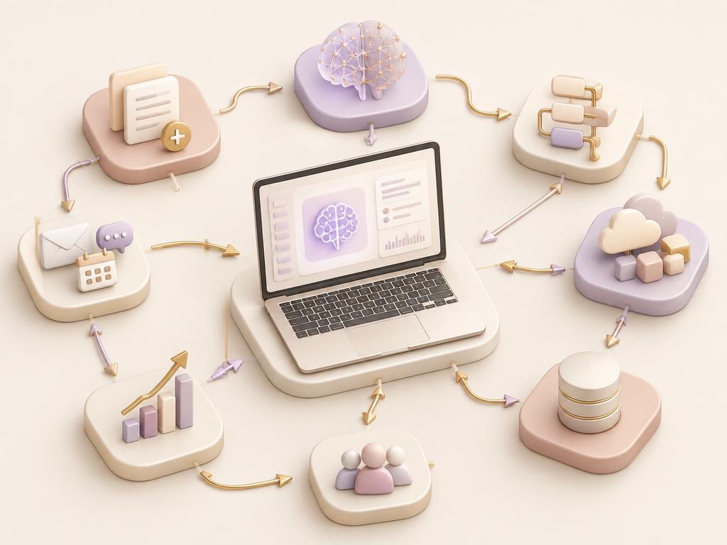 Connected workflow nodes around a laptop — AI and workflow automation
