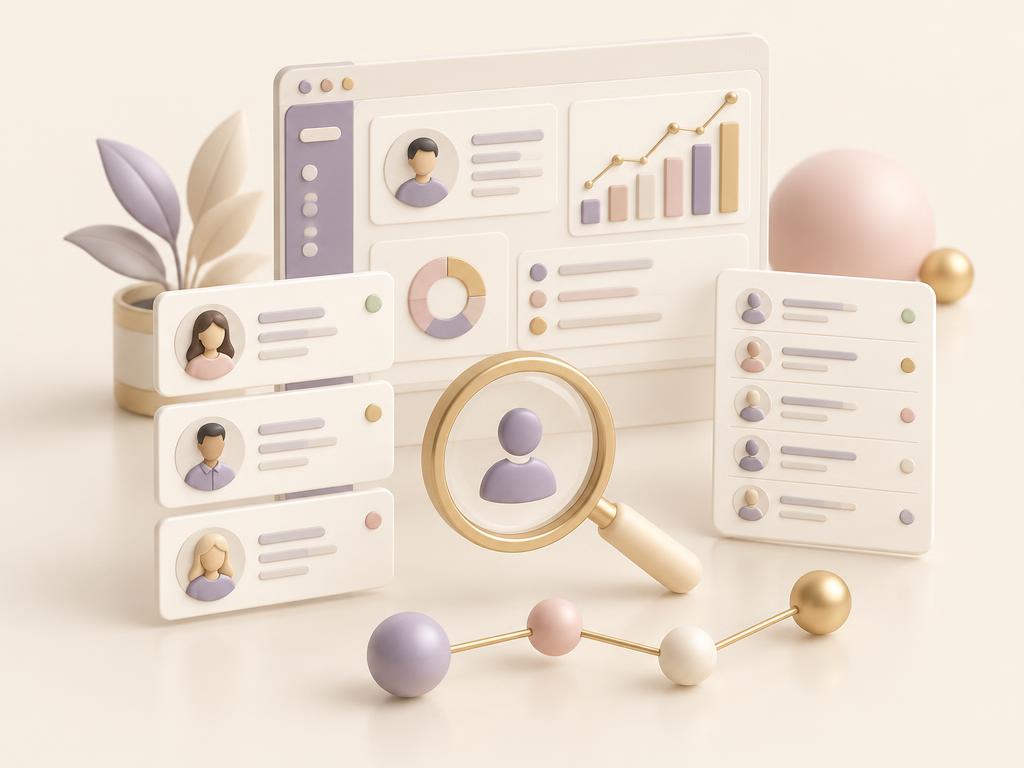 CRM dashboard with contact cards, lead list and magnifying glass