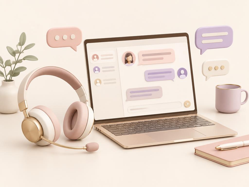 Laptop with chat interface, headset and message bubbles — customer support
