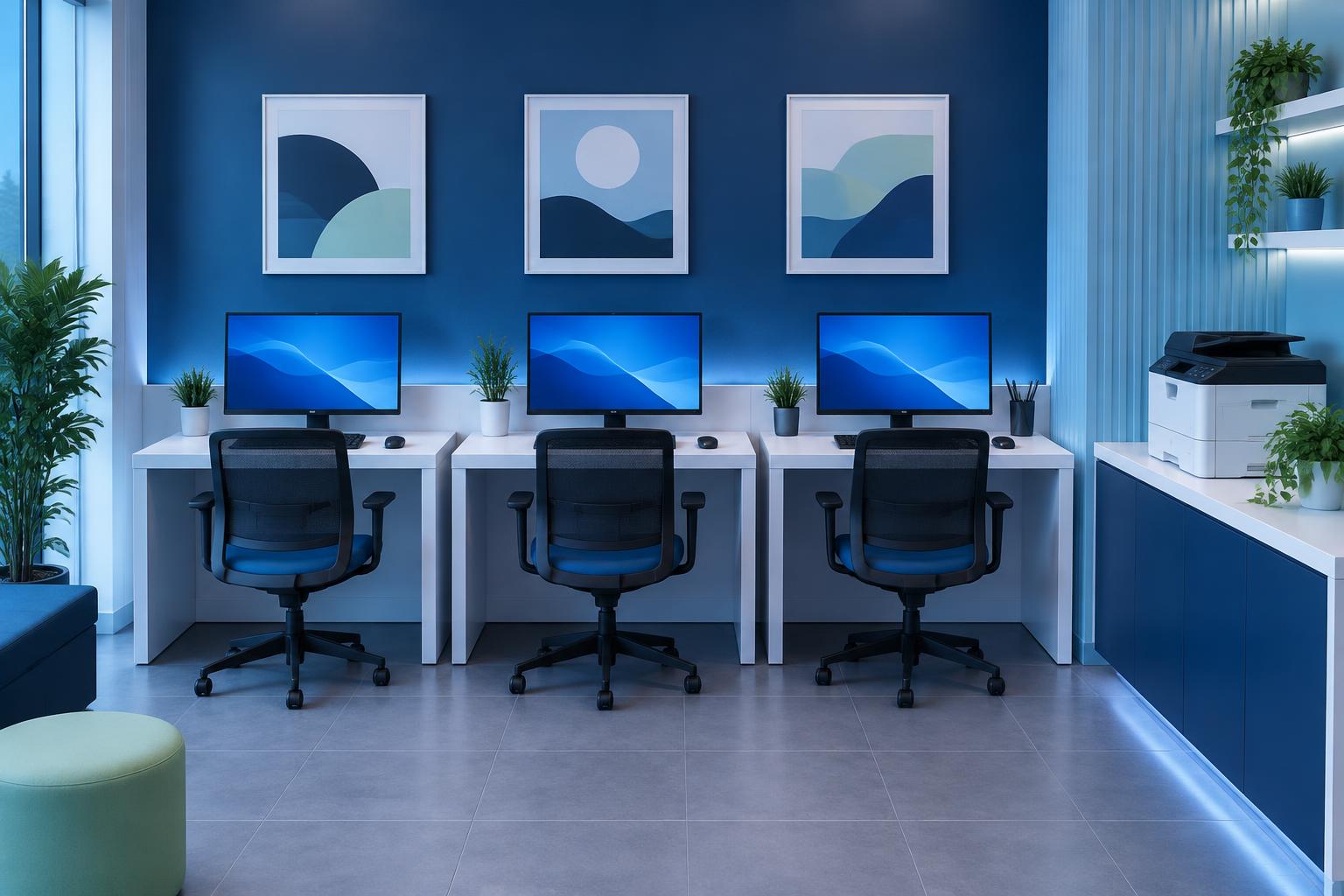 Three desktop computer stations and one printer in a clean, modern shop